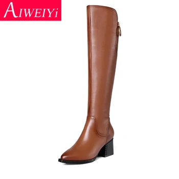 

Genuine Leather Woman Boots Black Brown Pointed toe Knee High Boots Riding Boots Motorcycle Botas Mujer Leather Footwear Shoes