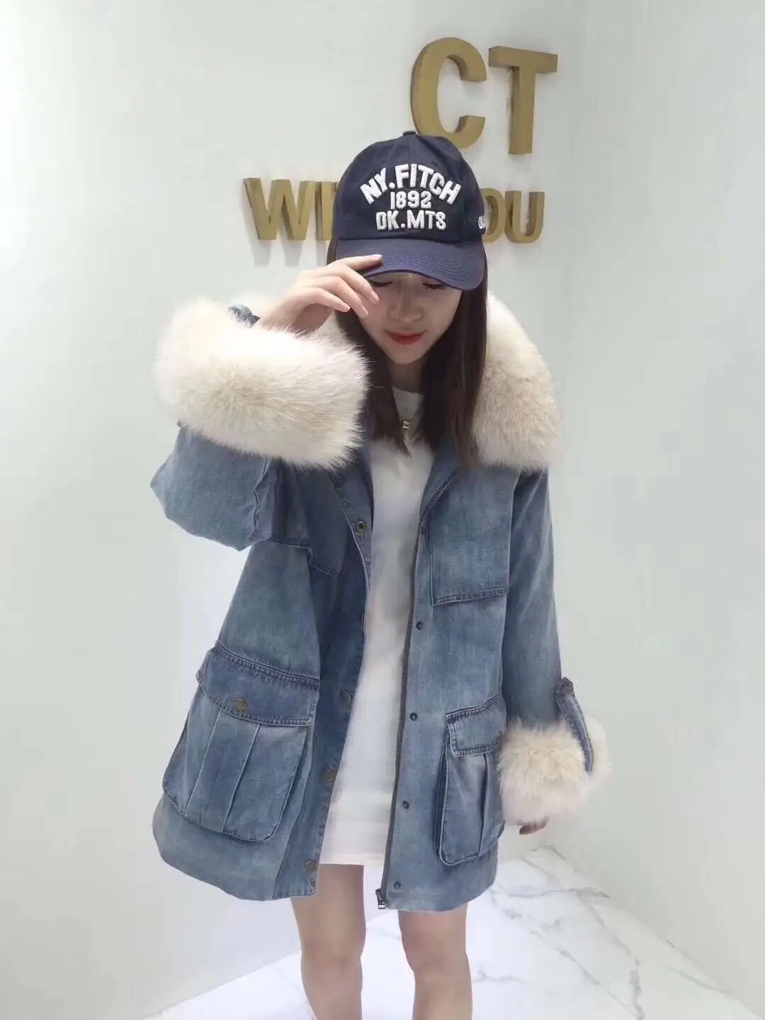 New Style Hot Selling Korean-style Jeans Coat Inner Wearing Removable Shoulder Fox Fur Collar down Jacket Women's Mid-lengt