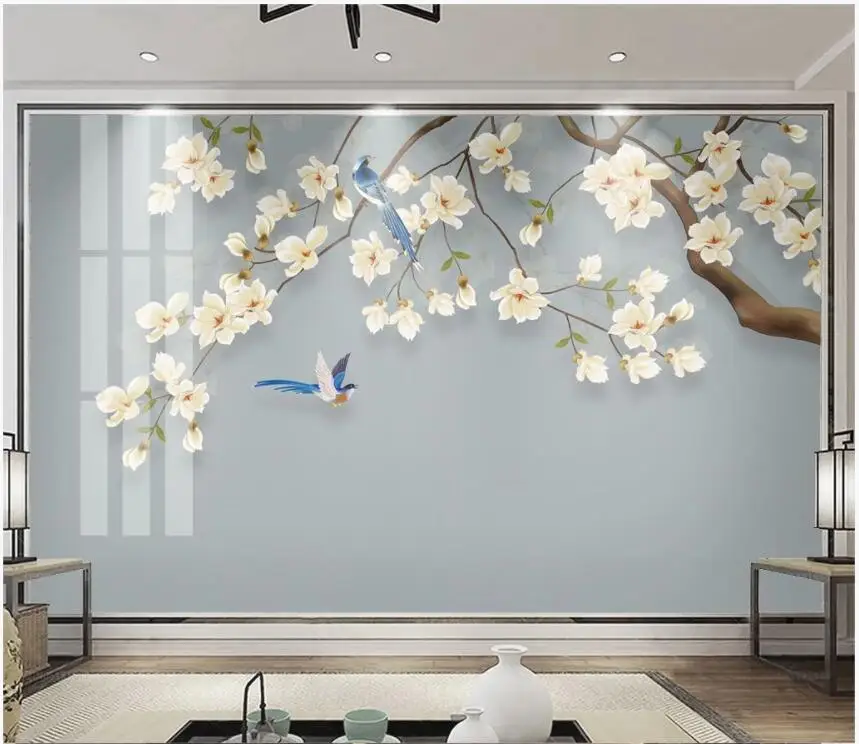 

3d настенная бумага под заказ фото китайская Магнолия Цветы и птицы гостиная домашний Декор 3d настенные фрески обои для стен 3 d