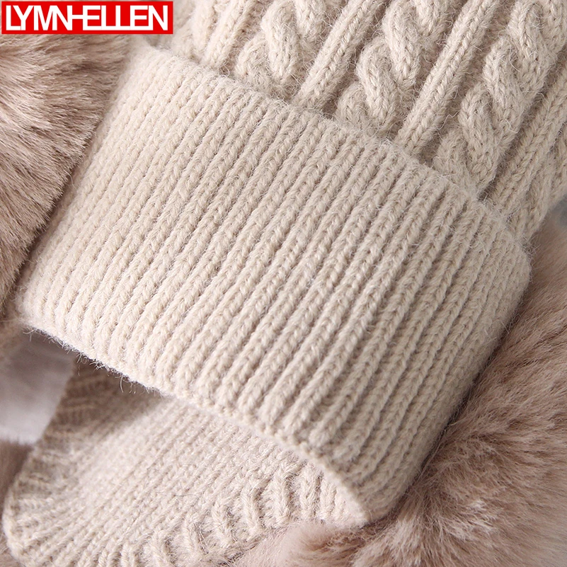 Утепленный лыжный Кепки Новая мода искусственного меха, Меховые помпоны утепленное пальто Зимняя Для женщин шапочка Шапки женские теплые перчатки+ шапка комплект