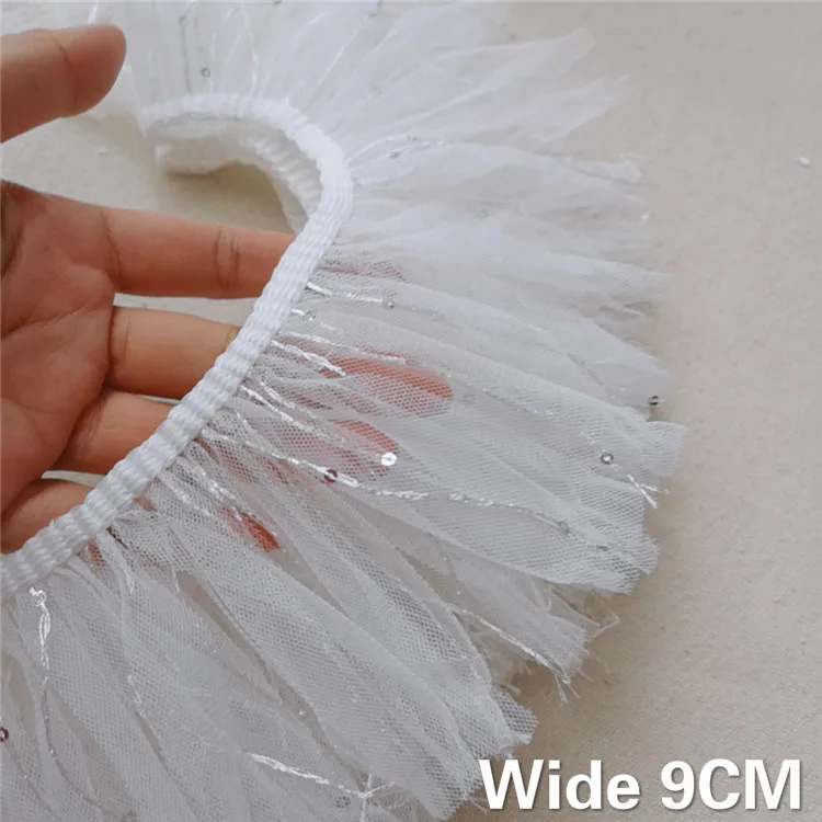 

9CM Wide Glitter White Sequined Mesh Yarn Embroidery 3d Laces Tassel Ribbon Fringe Trim Dress Garment Hats DIY Sewing Supplies