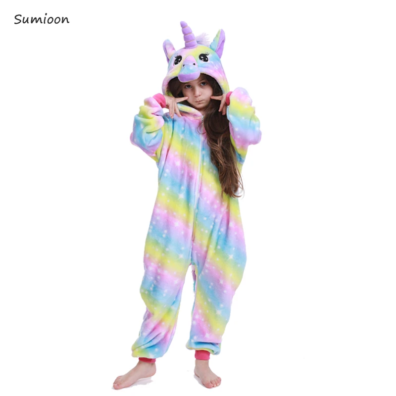 Детские пижамы для мальчиков и девочек; пижамы кигуруми с единорогом; фланелевые детские пижамы; комплект одежды для сна с животными; зимние комбинезоны; От 4 до 12 лет - Цвет: Rainbow Unicorn