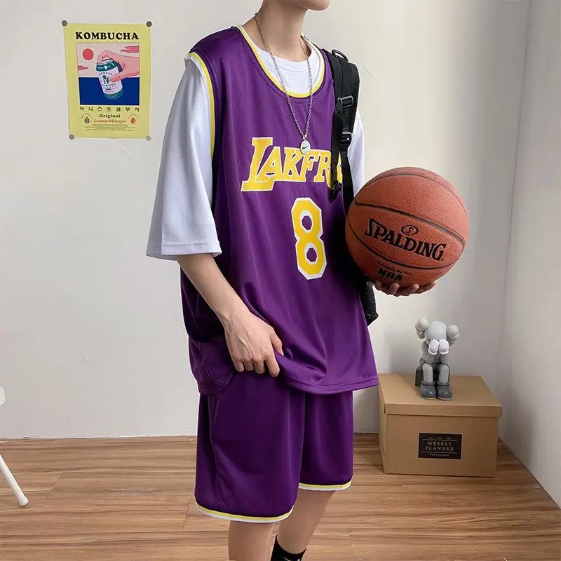 Summer basketball leisure sports suit male Hong Kong style trend fake two-piece short-sleeved t-shirt youth five-point pants set