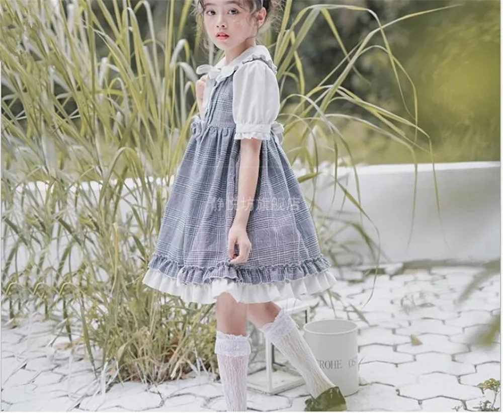 Sweet lolita dress vintage bowknot high waist short/long sleeve lattice victorian dress kawaii girl kids B817