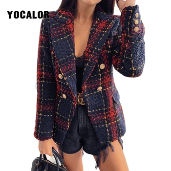 

YOCALOR Deep V Neck Plaid Tweed Coat Female Autumn Jacket Za Women Chaqueta Mujer Streetwear Basic Ladies Jackets Cloak Ceket