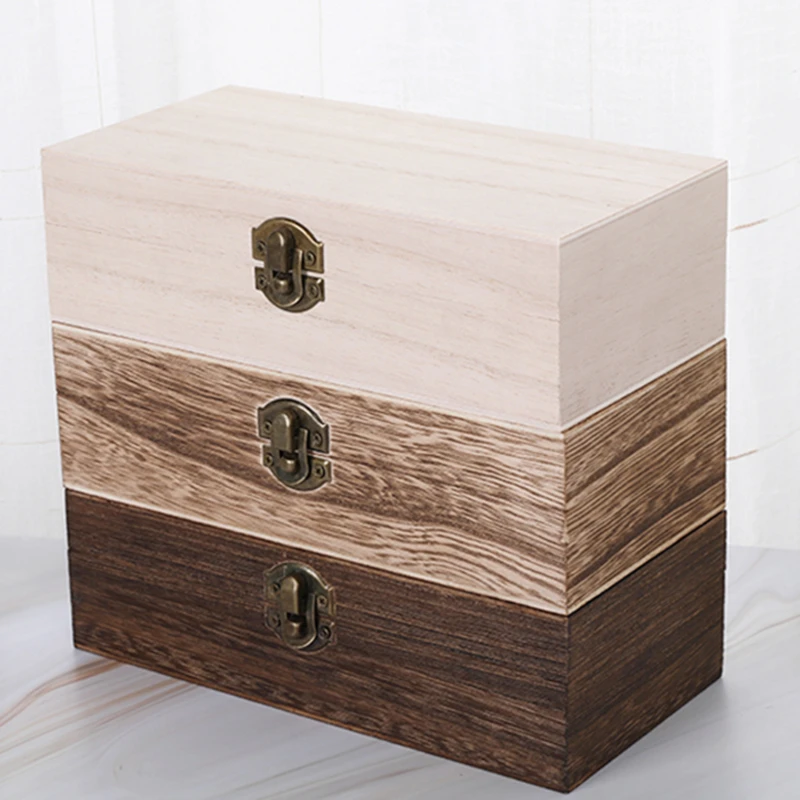 Home Storage Box Natural Wooden With Lid Golden Lock Postcard Organizer Handmade Craft Jewelry Case Wooden Box