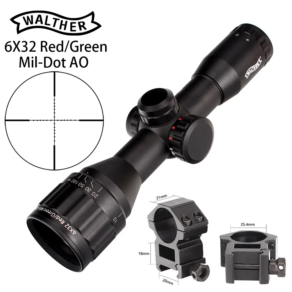 with Picatinny Rings Тактический оптический прицел 6x32 AO Mini Mil-Dot двухцветная светящаяся сетка охотничий оптический прицел - Цвет: with Picatinny Rings