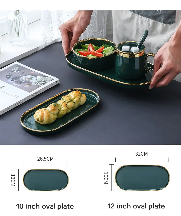 Gold Rim Green Ceramics Coffee Cup Mug And Saucers Sets Tea Soy Milk Breakfast Mug Dessert Plate Fashion Restaurant Snack Cup
