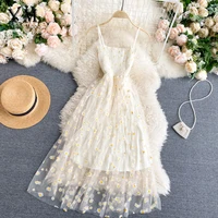 YuooMuoo Korean Fashion Daisy Flower Print Mesh Party Dress Summer Two Layers Spaghetti Strap Vacation Midi Dress Beach Vestidos 1