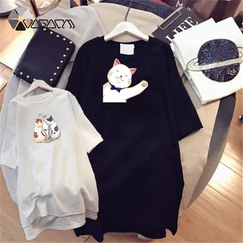 

Summer Women Dresses Cute Cat Print Night Dress Short Sleeve White Nightgown Casual Loose Clothes Plus Size 4XL Kawaii Vestidos