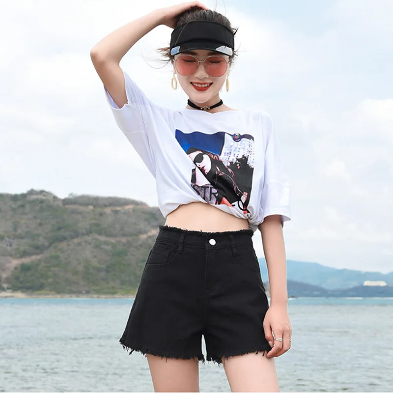 Denim Shorts Women's Summer New Style WOMEN'S Dress Korean-style High-waisted Loose-Fit Korean-style Versatile Fringed Deni