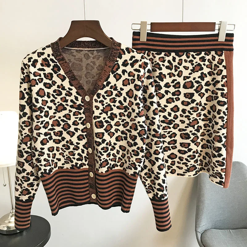 

Milinsus Two Piece Sets Women Fall Winter 2019 Retro Leopard Striped Patchwork Knitted Sweater Outfits Cardigan High Waist Skirt