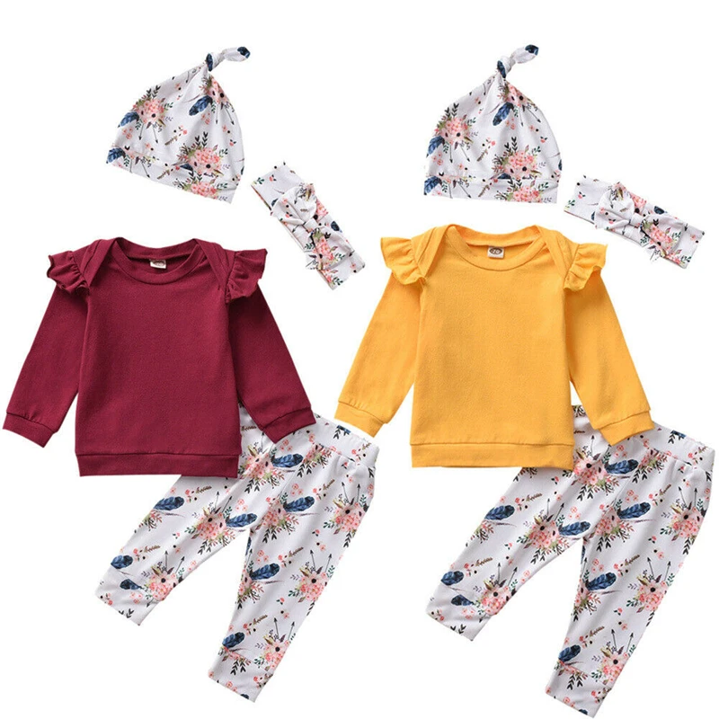 Cute Newborn Infant Baby Girls Clothes Tops Romper Floral Pants Headband Hats Outfits Baby Autumn Winter Warm Clothes Set 0-24M