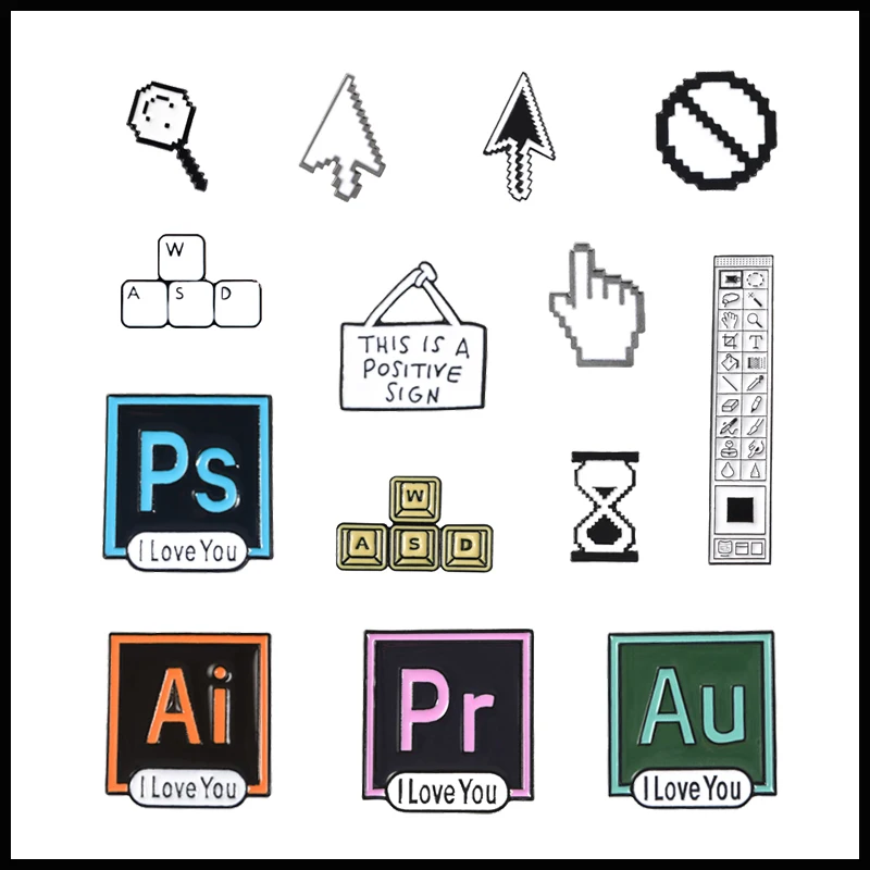 

Creative Computer Keyboard Enamel Brooch WASD Mouse Arrow PS AI Tool Hourglass Alloy Badge Pin Jewelry Gift For Friends