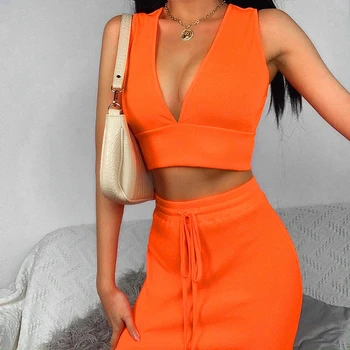 

Sexy Solid V-neck Two Pieces Set Women Summer Sleeveless Drawstring Crop Tops Skirt Fashion Outfit Female 2020 New Clothing