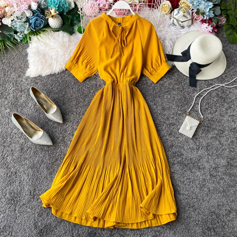 Женское однотонное милое летнее платье 2020 Новое поступление желтое длинное