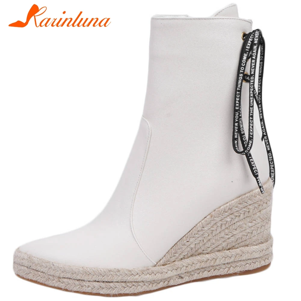 

Karinluna 2019 big size 44 Straw wedges high heels Shoes Woman Boots Female Shoes top quality ankle Boots Women shoes