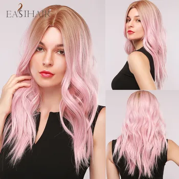 

EASIHAIR Ombre Brown to Light Pink Long Water Wavy Wigs Cosplay Middle Part Hair Heat Resistant Synthetic Wigs for Women Female