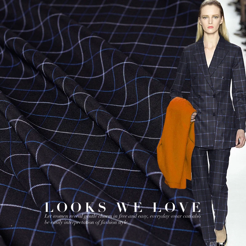 

100x155cm Dark Blue Lattice Pattern Thin Wool Fabric for Woman's Spring and Autumn Suit and Pant DIY Sewing