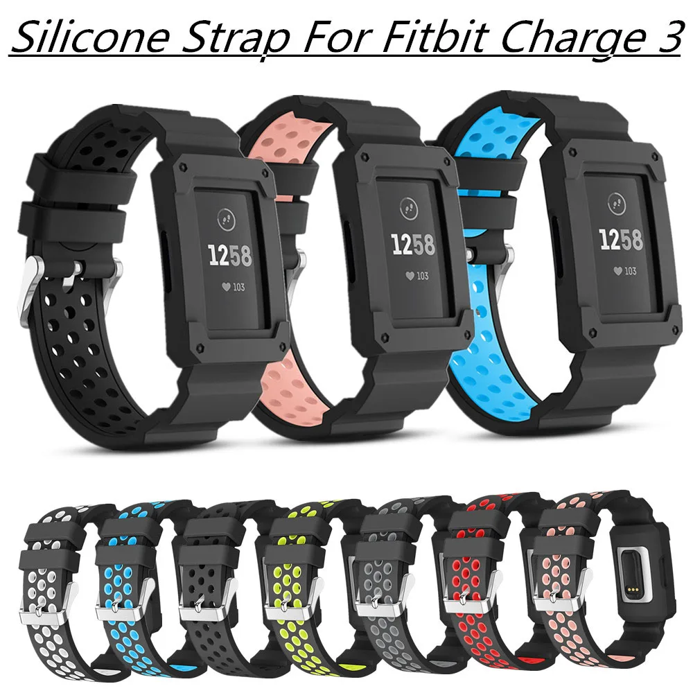 

Double-color Breathable Silicone Watch Band with Protective Case for Fitbit Charge 3 Sport Bracelet Set High Quality Wrist Strap