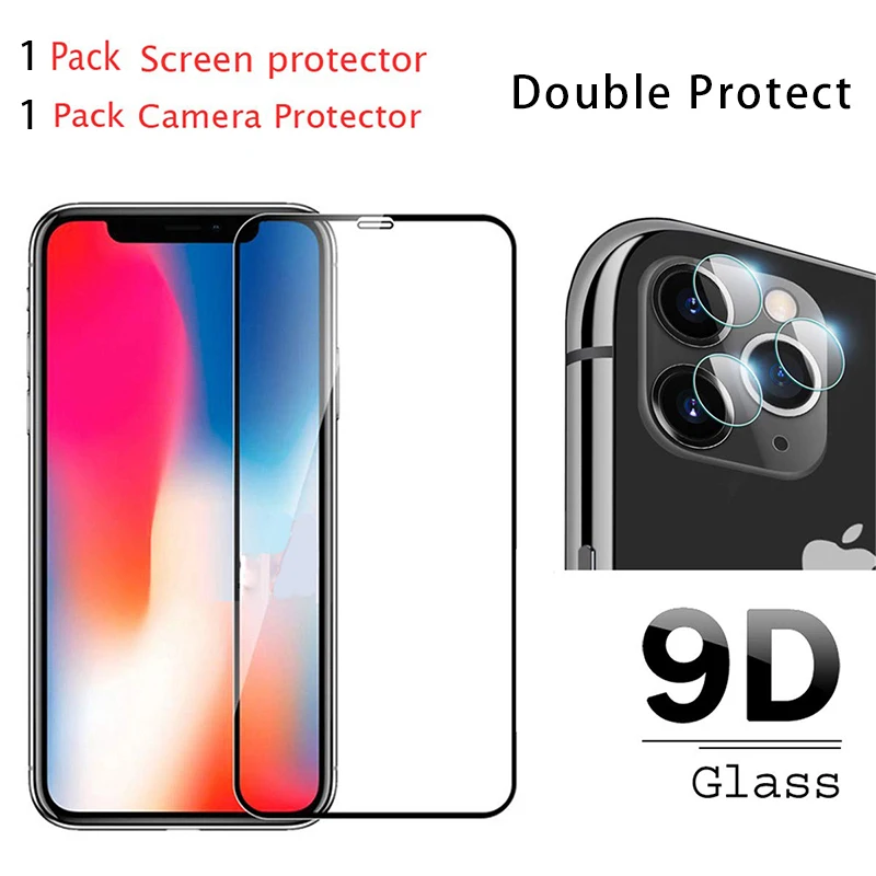 2 в 1 Защитное стекло для iPhone 11 Pro X XR XS Max 9D закаленное + Защитная пленка объектива