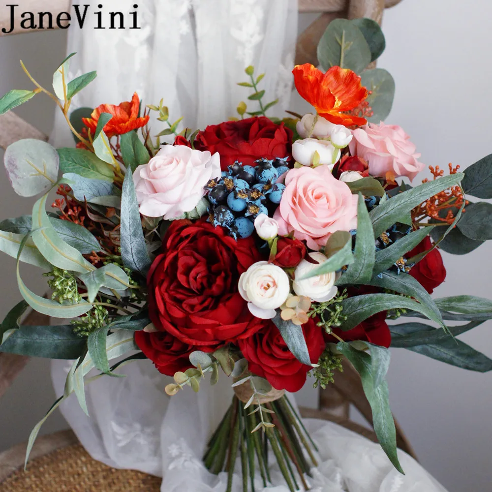 

JaneVini Burgundy Bouquet of Flowers Bridal Hand Artificial Silk Pink Rose Peony Vintage Bride Wedding Bouquet Accessories 2020