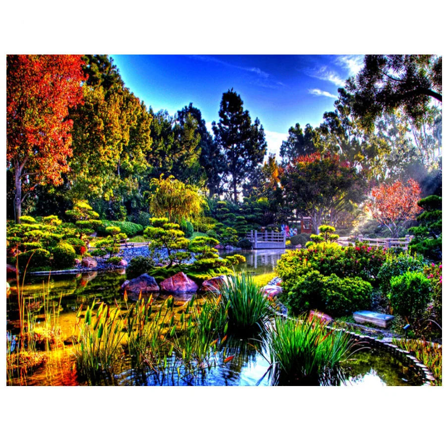 square Diy Diamond Embroidery Painting spring japanese garden Tree Landscape Diamond Painting Cross Stitch Mosaic Lake Scenery_副本