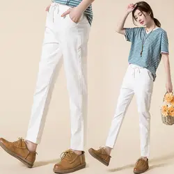 Хлопковые льняные брюки женские 2019 Осень Новый стиль корейский стиль Женская одежда свободный крой Высокая талия тонкие шаровары белый Pa