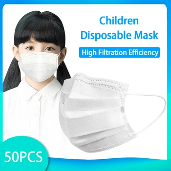 

50PCS Disposable Face Mask Mask for Kids 3-Layer Safety Non-woven Fabric Filtration Soft Breathable Mouth Cover White Dust-proof