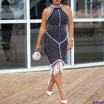 

Sexy Dresses Party Night Club Halter Backless Women Mini Robe African Ladies Luxury Tight Beading Rhinestone Tassel Short Dress