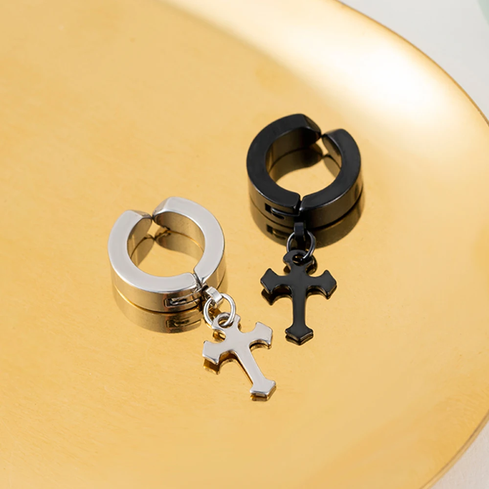 Male and Female Hip-hop Stainless Steel Clip Earrings Personality Simple Wild Cool Earrings Cross Pendant Punk Ear Clips hoop earrings stud earrings ear clip earrings clip earrings