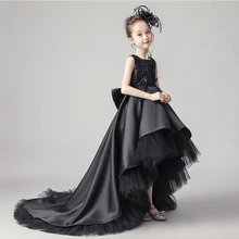 Черное Кружевное Пышное Платье с перьями для девочек, платья с цветочным узором для девочек г. Платье для первого причастия с длинным шлейфом