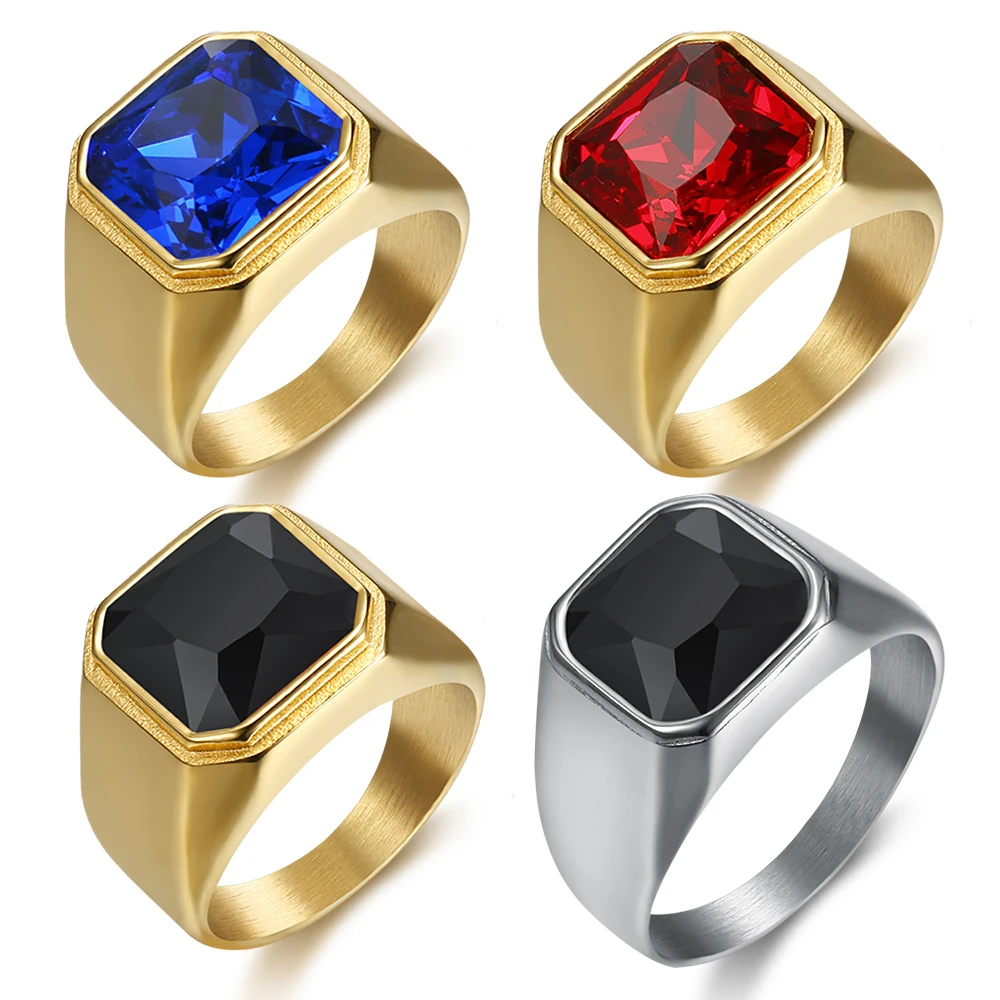 

Shengmei High Quality Punk Style Rings For Men Black Stone High Polished Stainless Steel Men's Jewelry Steel Color Gold