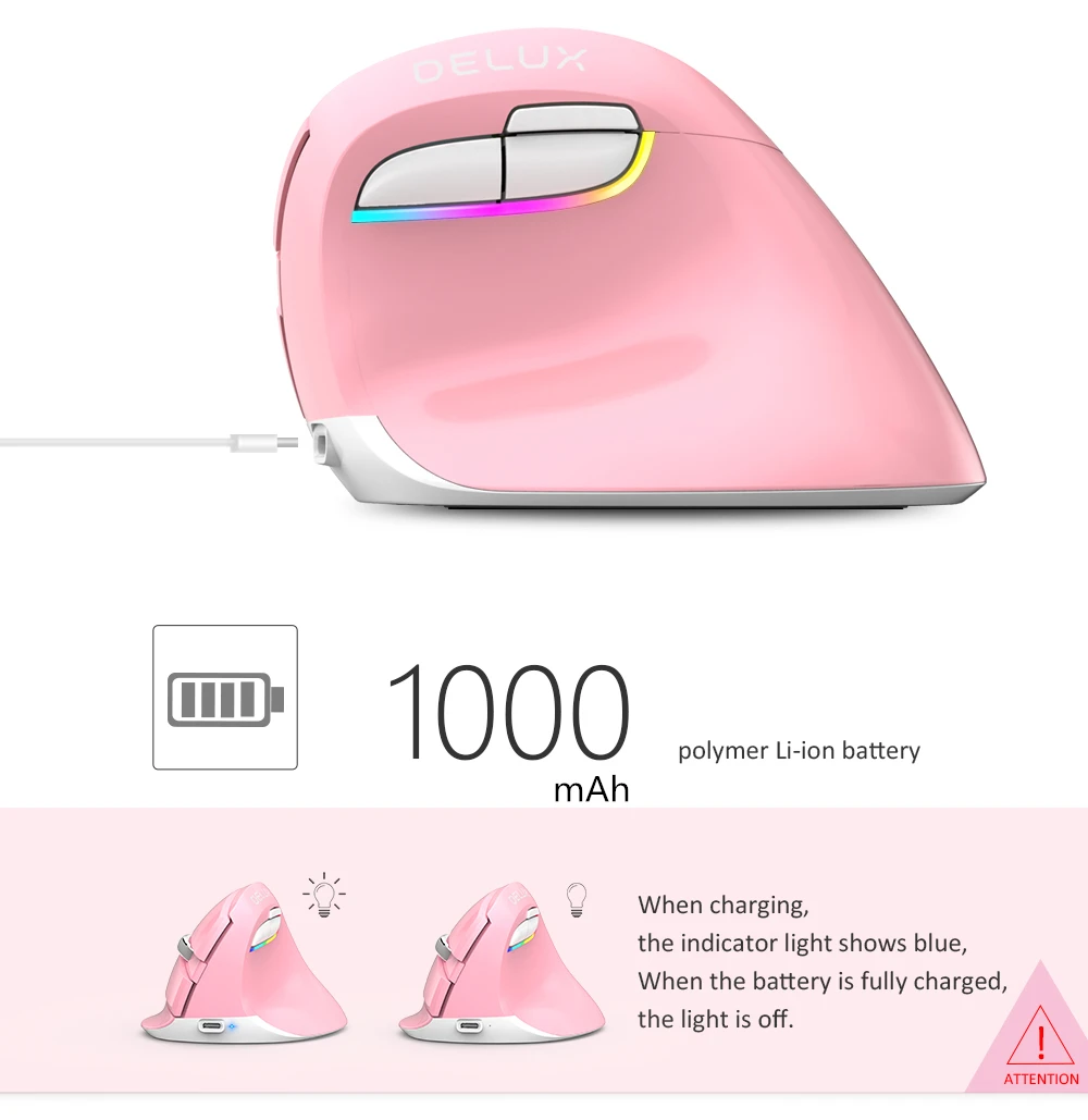 pink mouse gaming Delux M618 Mini BT+USB Wireless Mouse Silent Click RGB Ergonomic Rechargeable Vertical Computer Mice for Small hand Users pink mouse gaming