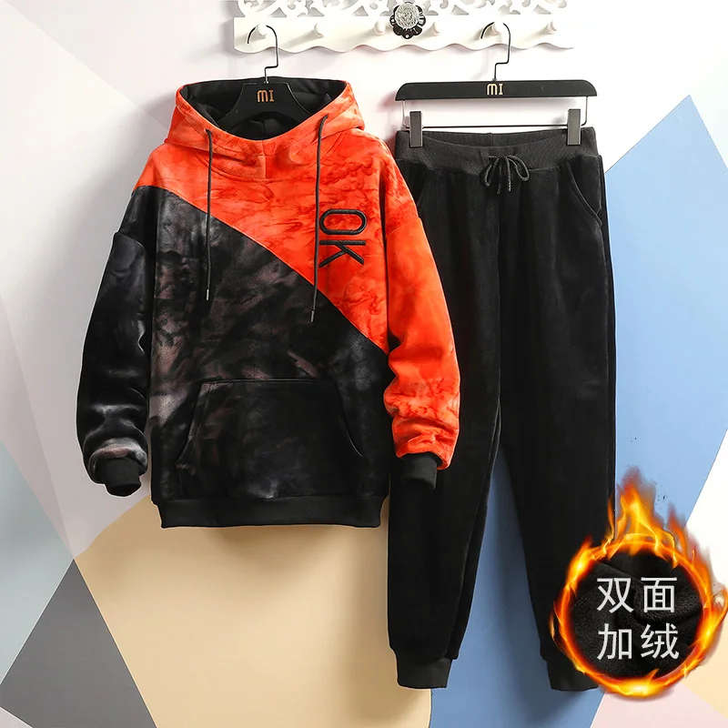 

Causal Tracksuits Men Set hooded Thicken Fleece Hoodies + Sweatpant Winter Spring Sweatshirt Sportswear Male Letter Print