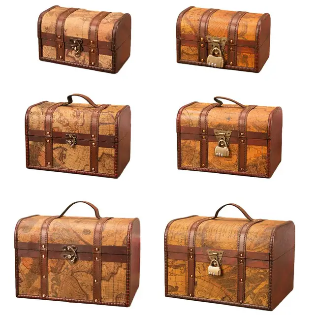 Retro Elegáns Rétegelt Lemez Bőr Kalóz Ékszer Tároló Doboz Zár Vintage Kincsesládák A Szervező Otthoni Dekorációhoz