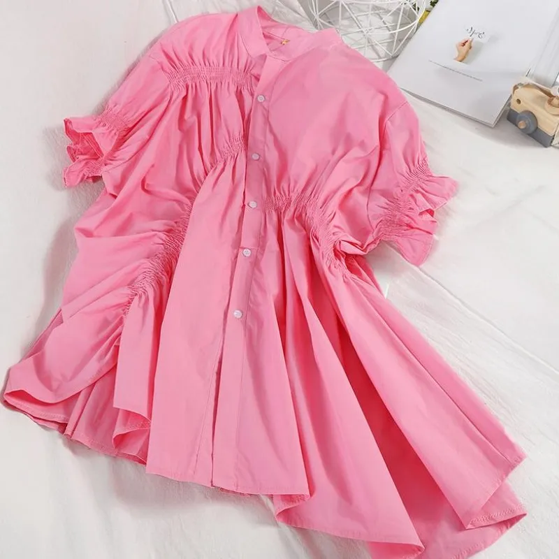 DEAT 2020 New Summer Fashion Streetwear Irregular High Waist Pleated Short Sleeve Solid Color Loose Women Dress SB383 DEAT 2020 New Summer Fashion Streetwear Irregular High Waist Pleated Short Sleeve Solid Color Loose Women Dress SB383