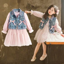 2 шт./компл. для девочек, ковбойские куртки для девочек платье одежда с длинным рукавом, кружевное платье для девочек осенняя одежда праздничное платье принцессы