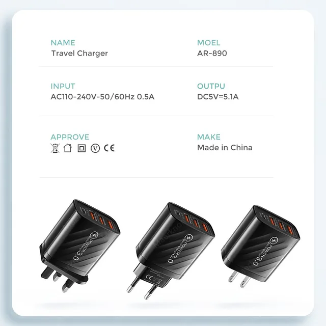 48W USB Charger 4Port Type C Quick Charge QC 3.0