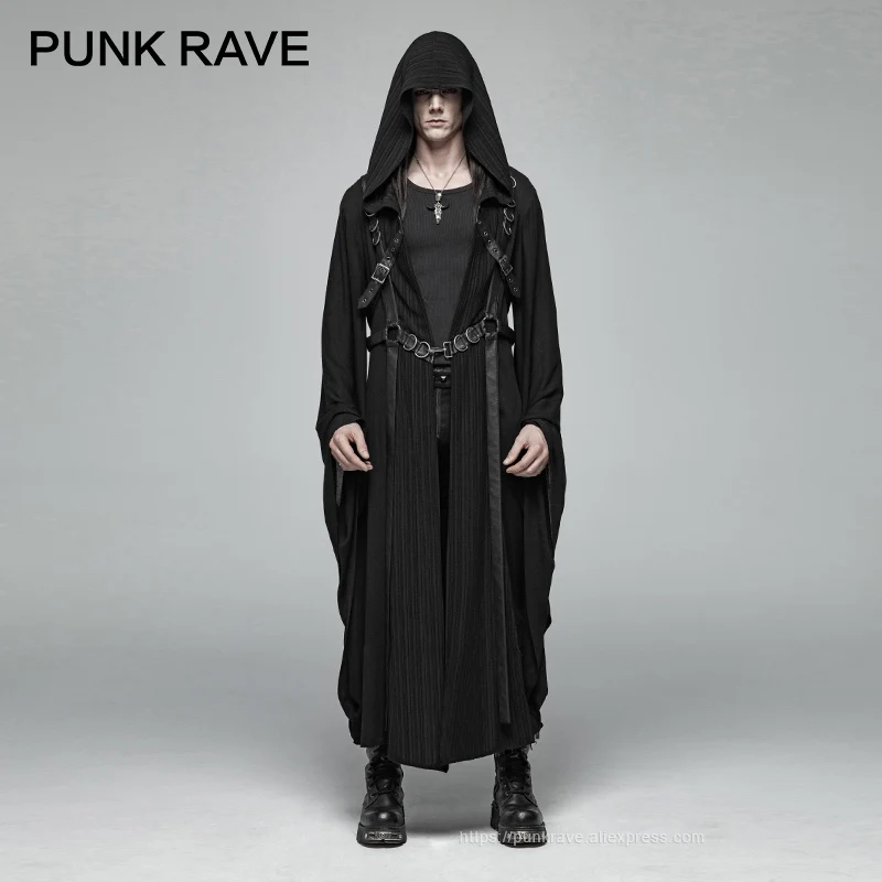 Мужская длинная куртка в стиле панк темно-синяя свободная полоску с