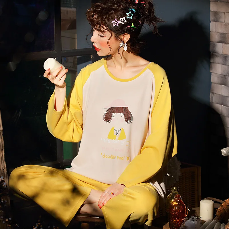 

Korean-style Pajamas Women's Knitted Fresh Loose-Fit Long Sleeve Student Set 2019 Spring And Autumn Tracksuit Fashion Raglan