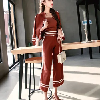 

Winter Women Autumn Casual Knitted Sweater Pants Set Long Sleeve Zipper Jumpers Cardigan Vest + Wide Leg Trousers Suits