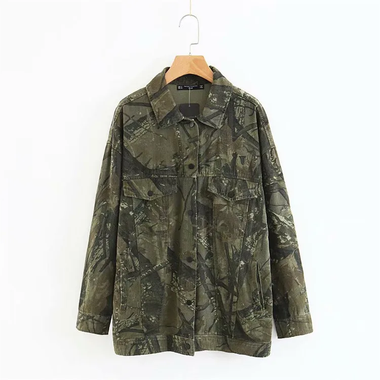 

2018 Europe And America Autumn New Style Loose-Fit Slimming Long Sleeve Camouflage Printed Fold-down Collar Jacket Tops Women's
