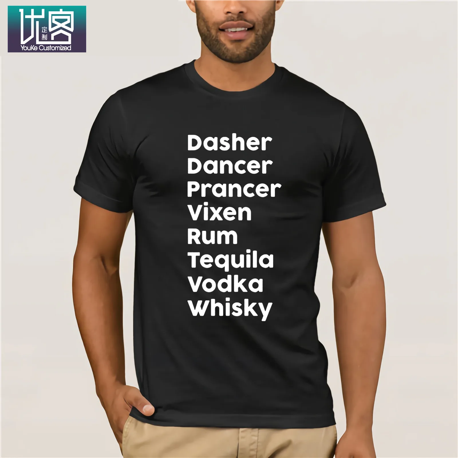 Мужская футболка с короткими рукавами Dasher Dancer Prancer Vixen Rum Tequila Винтажная вырезом