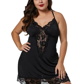 

Plus Size Nightwear XXL-6XL Sexy Sleepwear Nightie v-neck Lace Hollow Out Patchwork Adjustable Floral Lace Nightdress Women