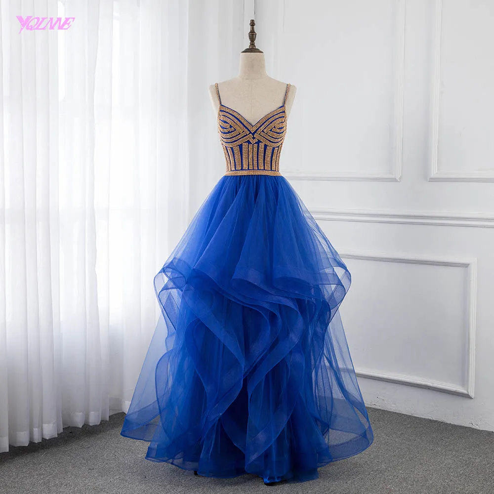 

YQLNNE Classic Royal Blue Ruffles Long Prom Dresses Straps Aline Gold Crystals Evening Party Gowns Lace-up