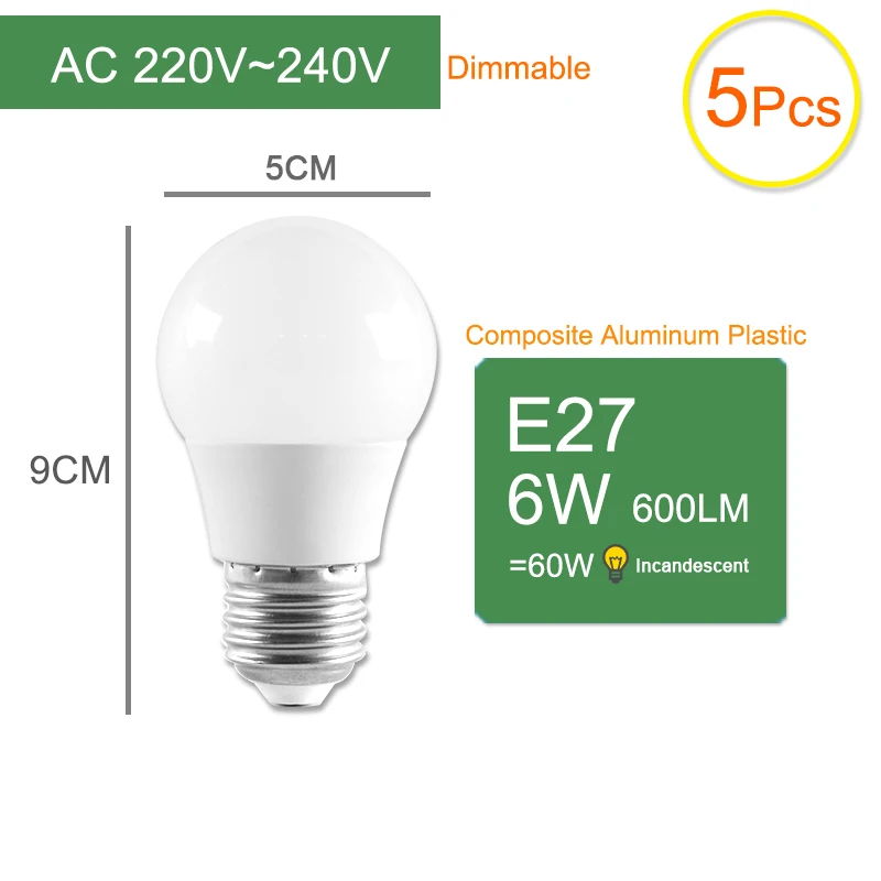 E27 6W 5pcs Kaguyahime 1 шт./5 шт. 6 Вт 20 Вт затемнения E27 светодиодный 220 В лампа светодиодный E27 лампа E14 высокий яркий светодиодный светильник Лампада Lampara Bombilla Ampoule - Испускаемый цвет: E27 6W 5pcs
