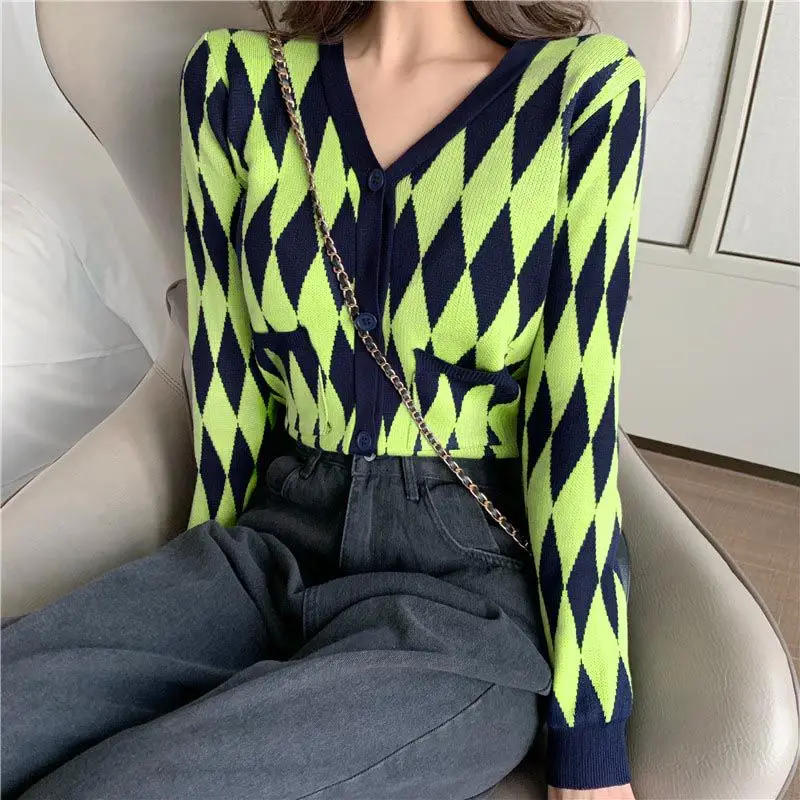 

Cardigan Sweater Women Autumn Button Diamond Lattice Print Knit Short Cardigan Long Sleeve V-Neck Casual Warm Loose Sweater
