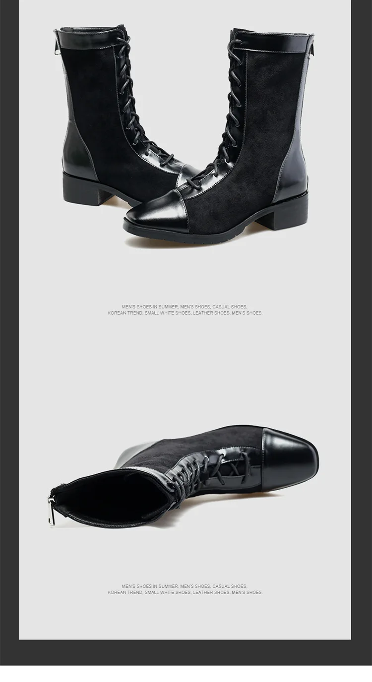 British Motorcycle mid-calf botines block heels women cross-tied plush martin riding boots back zipper brand short bottes femme