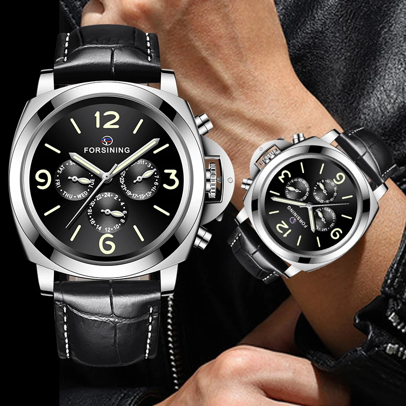 

FORSINING 2020 new automatic mechanical watch leather strap luminous 6 hands 3 small dial casual men watch relogio masculino